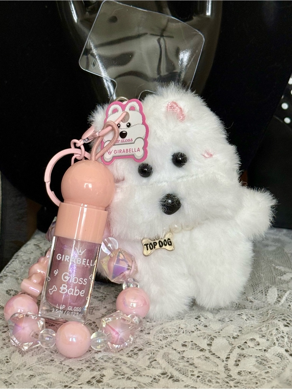Abella White Plush Dog Keychain with Pink Lip Gloss and Beaded Strap